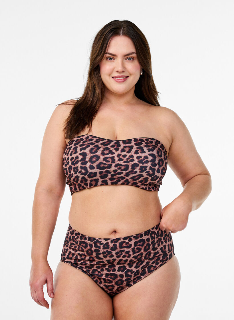 Hoog getailleerde bloemrijke bikini broekjes, Bruin, Model image number 0