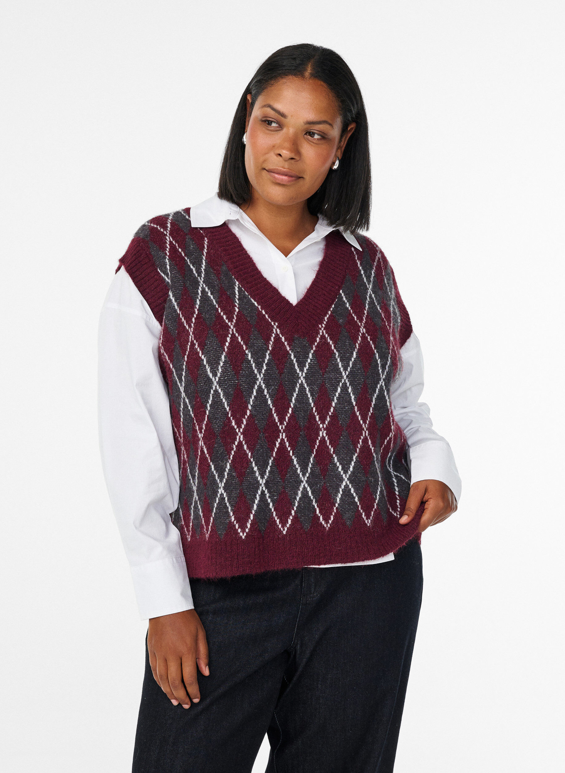 Gebreid vest met een V-hals en argyle patroon, Rood, Model