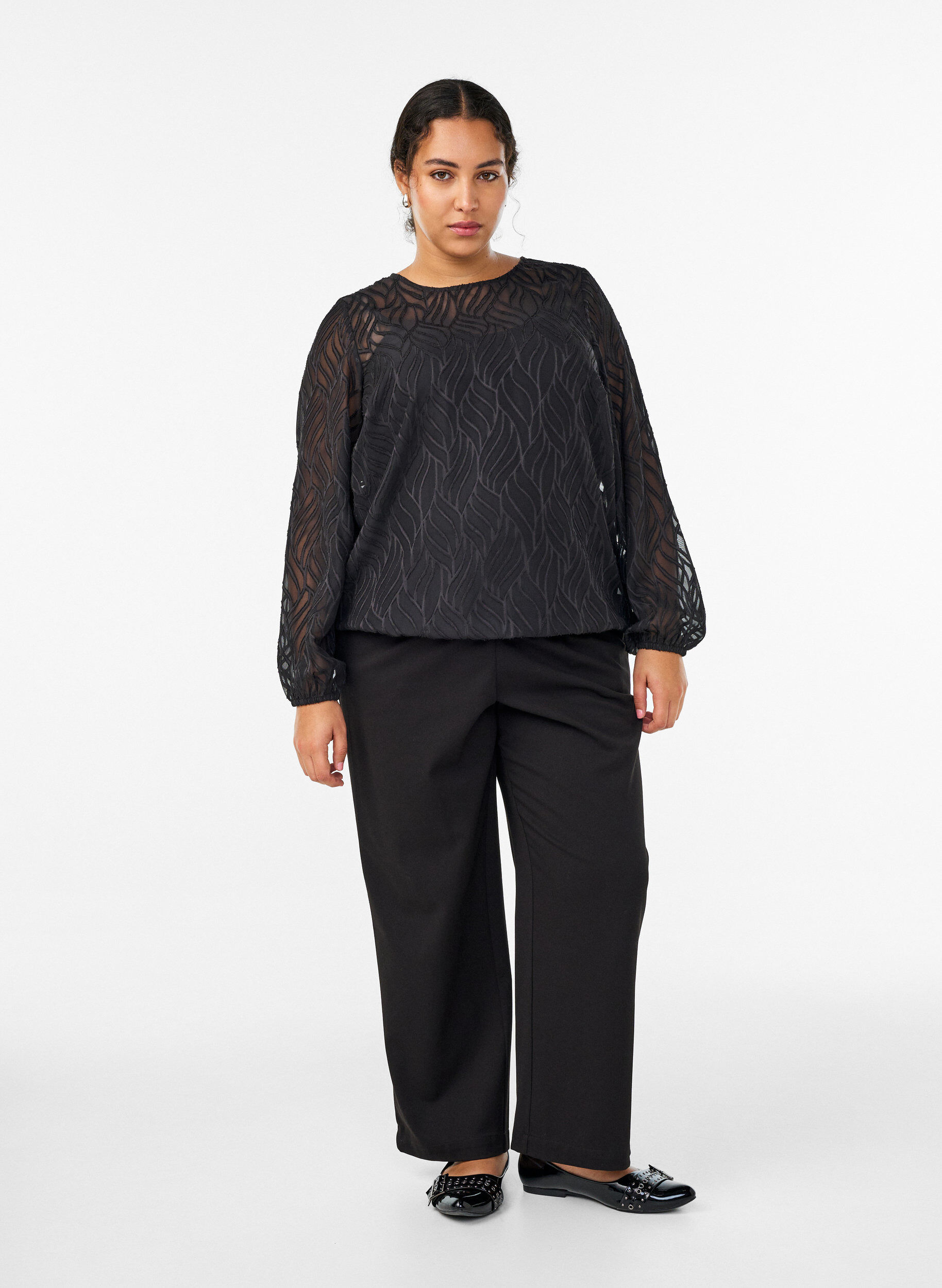 ZizziChiffon blouse met een textuurpatroon, Zwart, Model image number 1