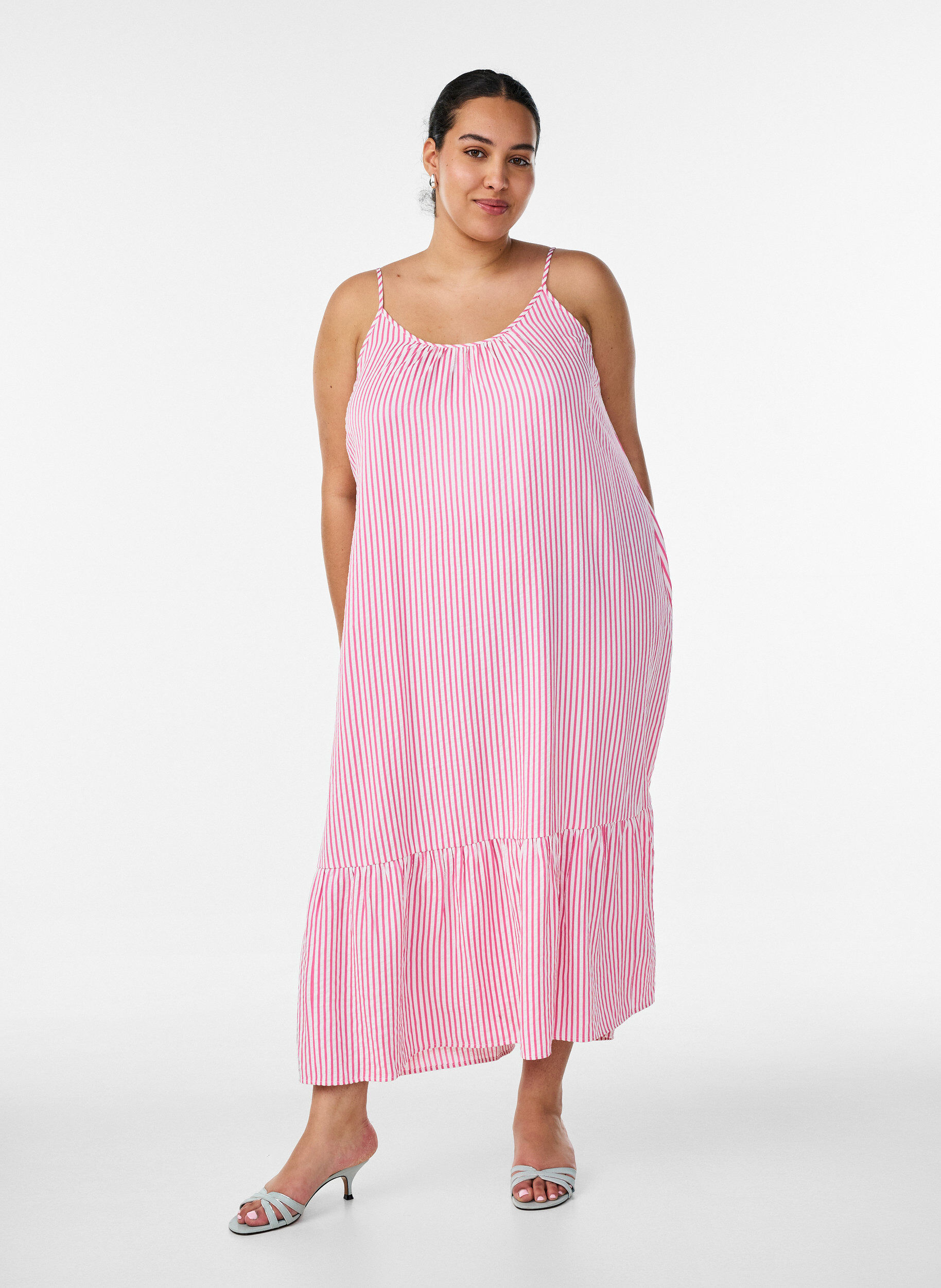 Zomerjurk met strepen en A-lijn pasvorm, Roze, Model