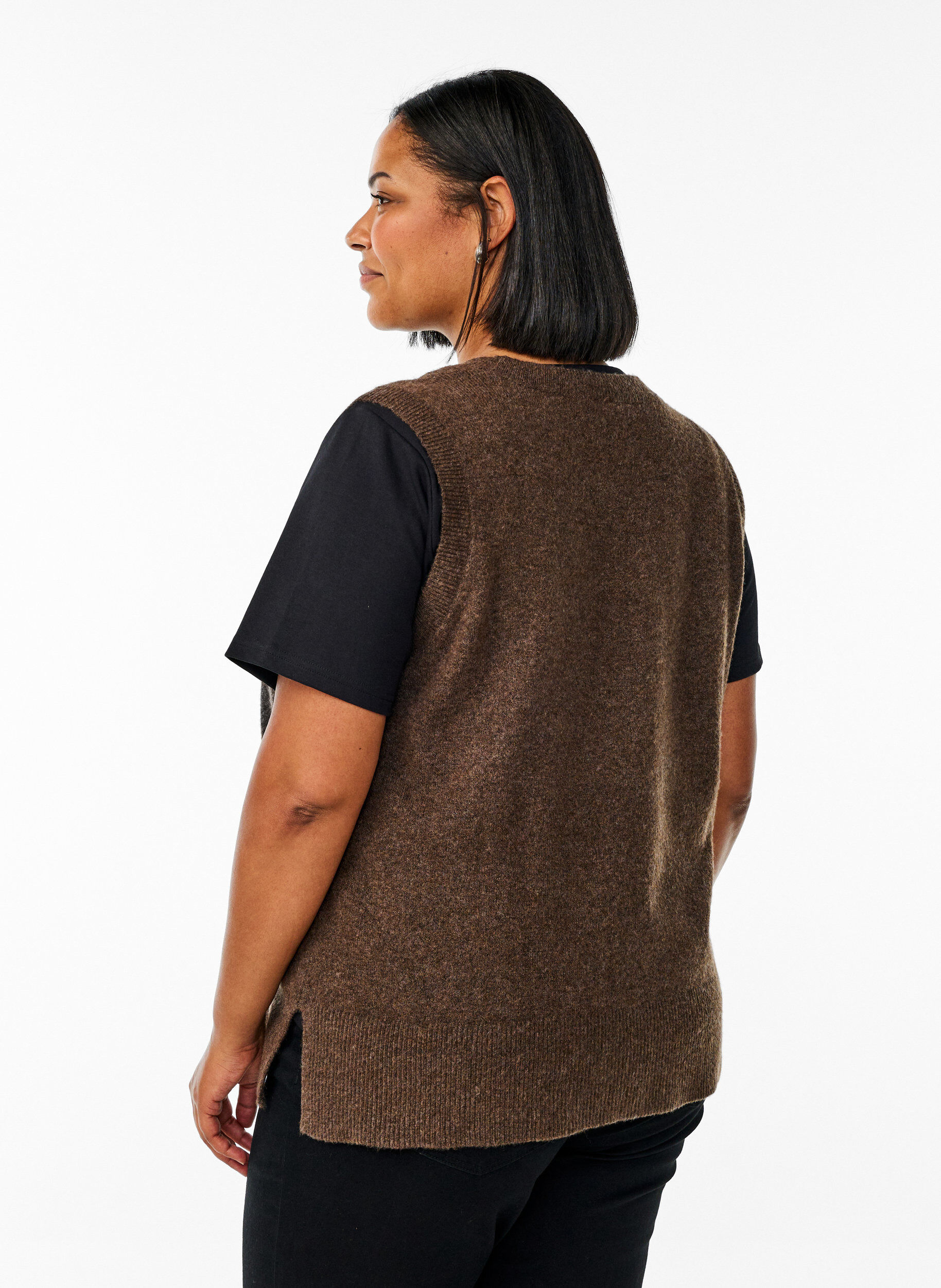 ZizziGebreid vest met geribbelde randen, Bruin, Model image number 2