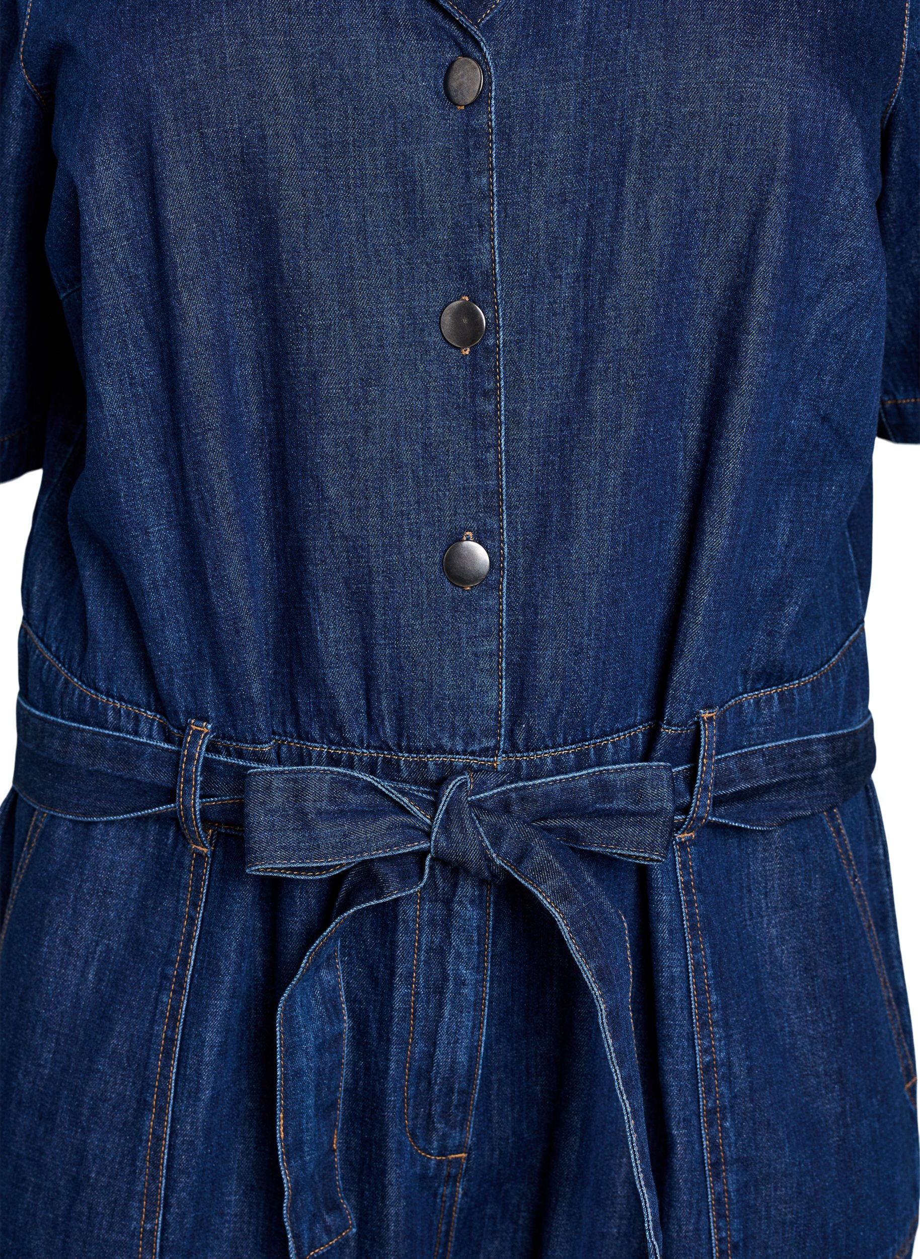 ZizziDenim jumpsuit met korte mouwen en een strikceintuur, Blauw, Packshot image number 2