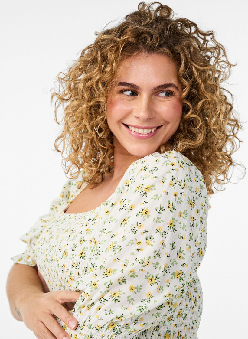 Gebloemde viscose zomerjurk, Wit, Model image number 2