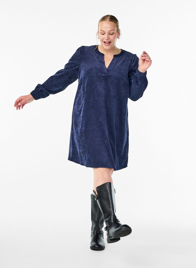 Korte fluwelen jurk met lange mouwen, Peacoat, Model