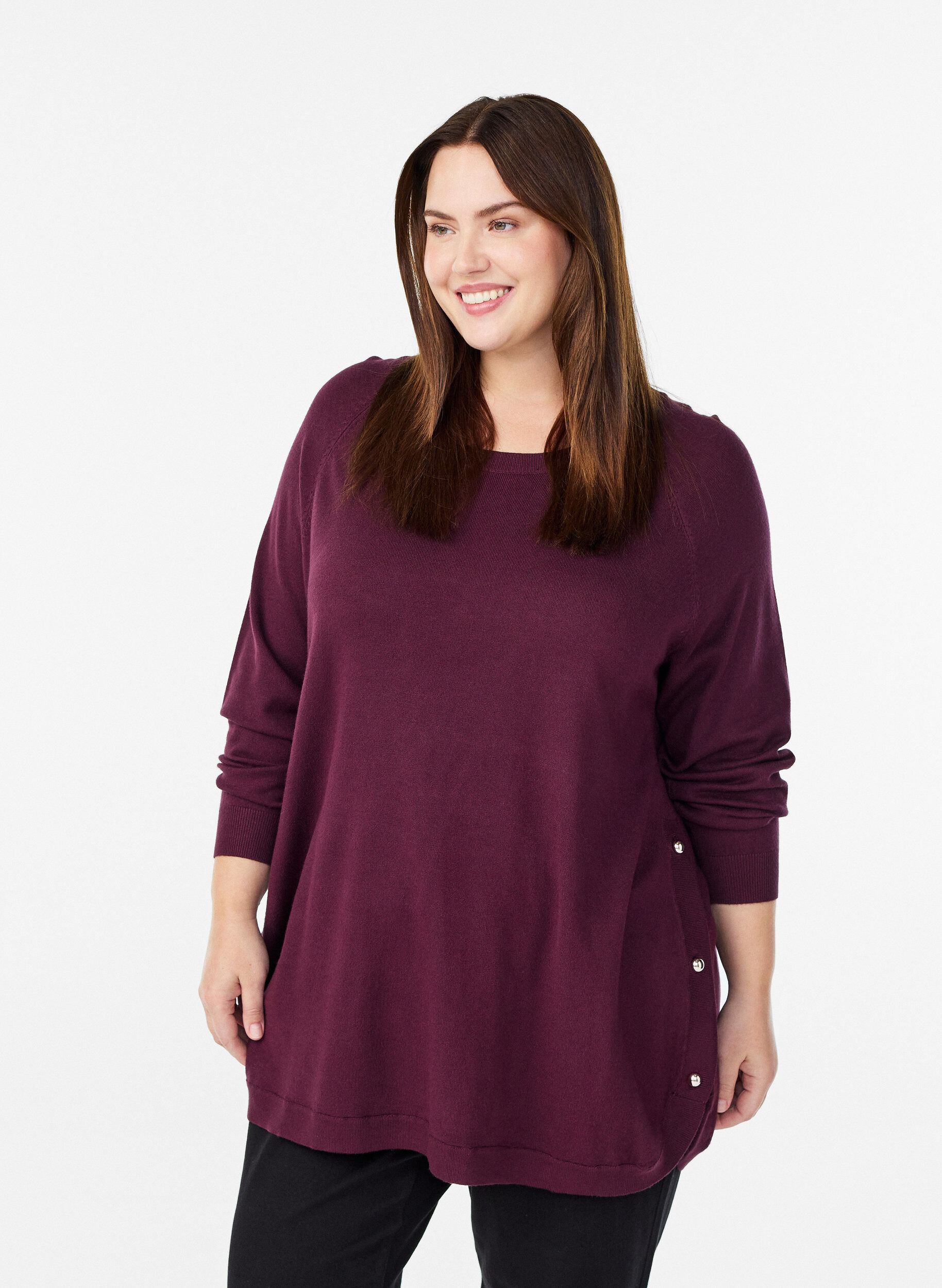 Gebreide blouse met knoopjes aan de zijkant, Rood, Model