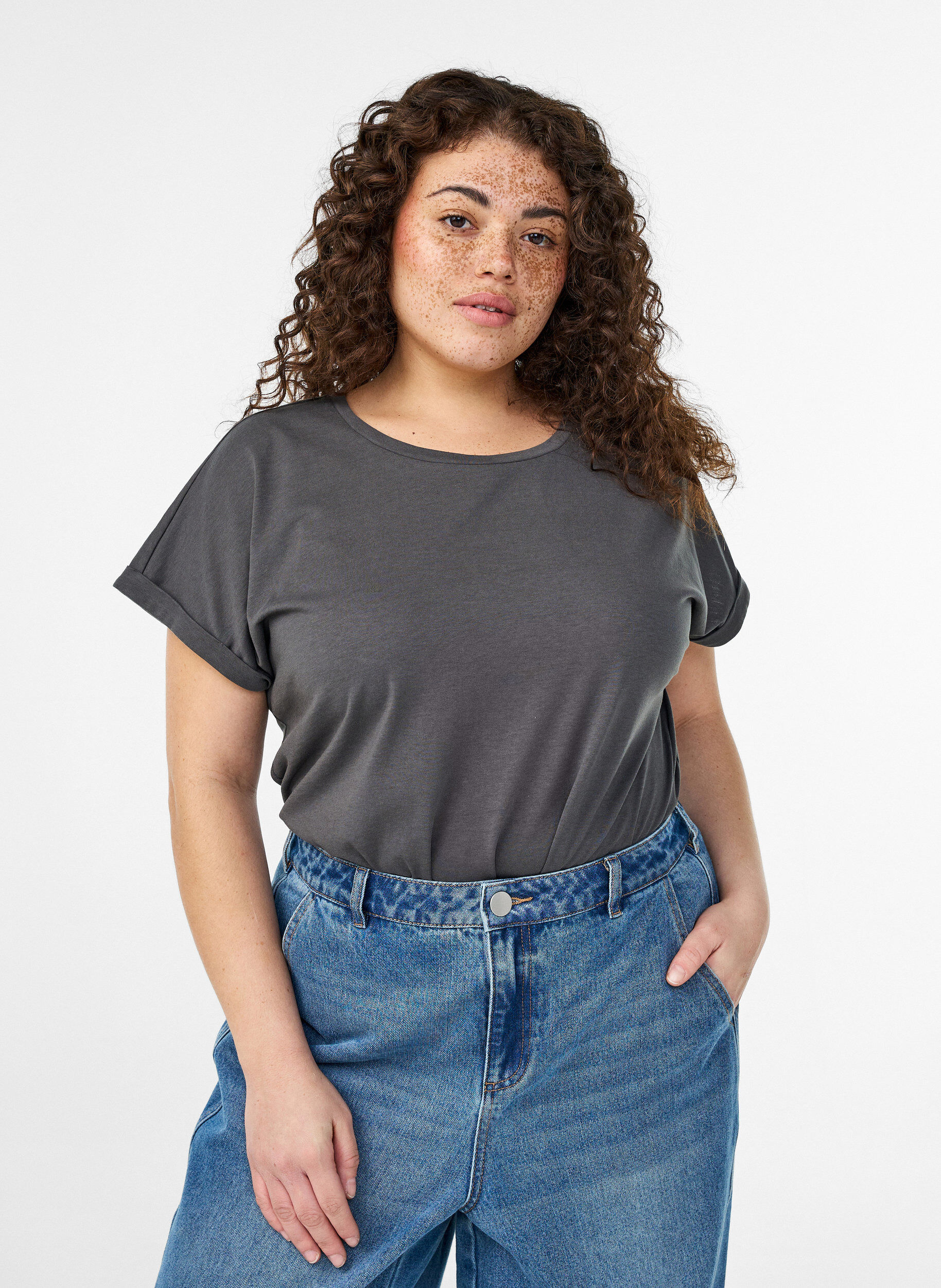 T-shirt met korte mouwen van katoenmix, Grijs, Model