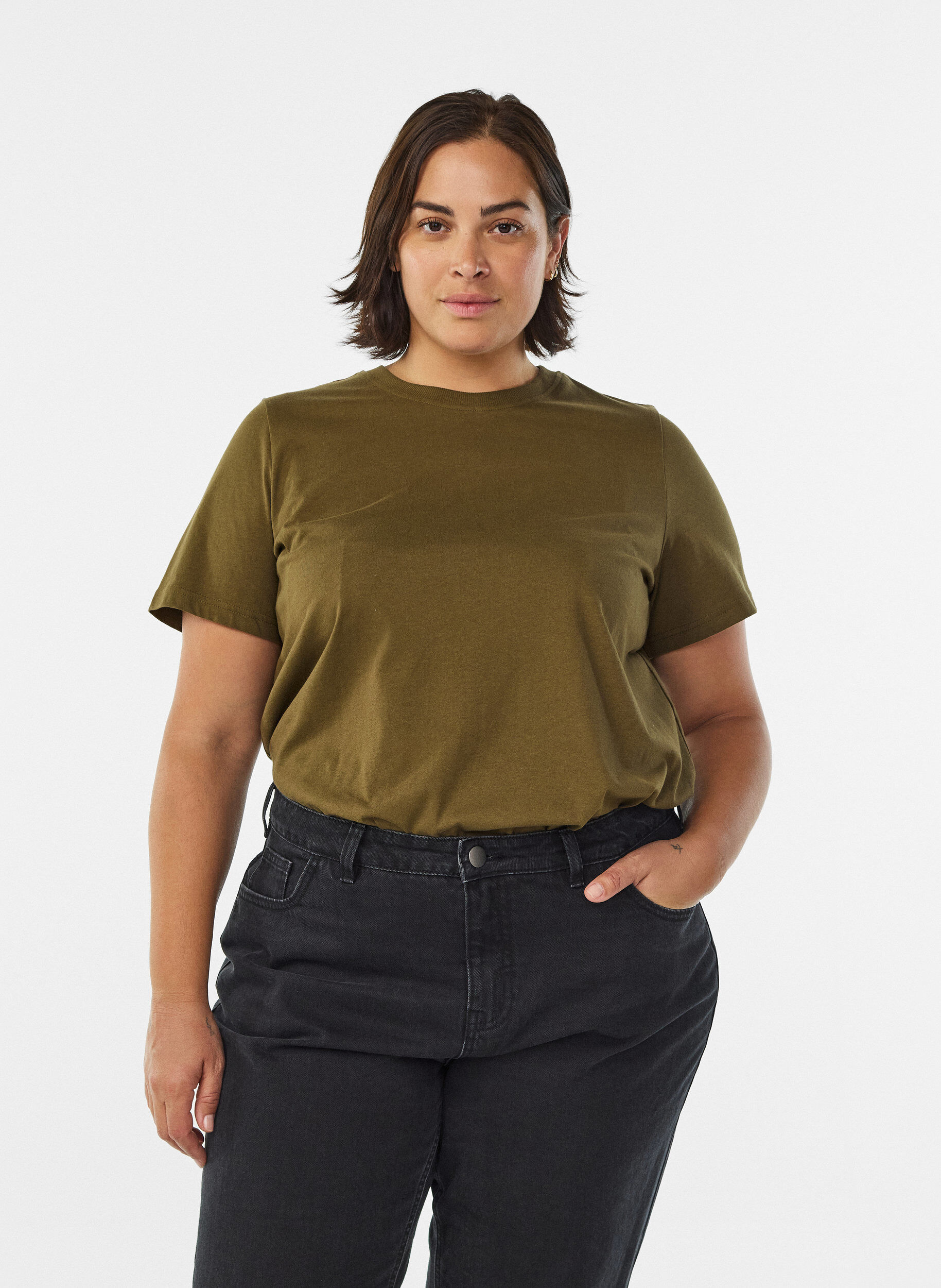 Basic katoenen T-shirt met ronde hals, Groen, Model