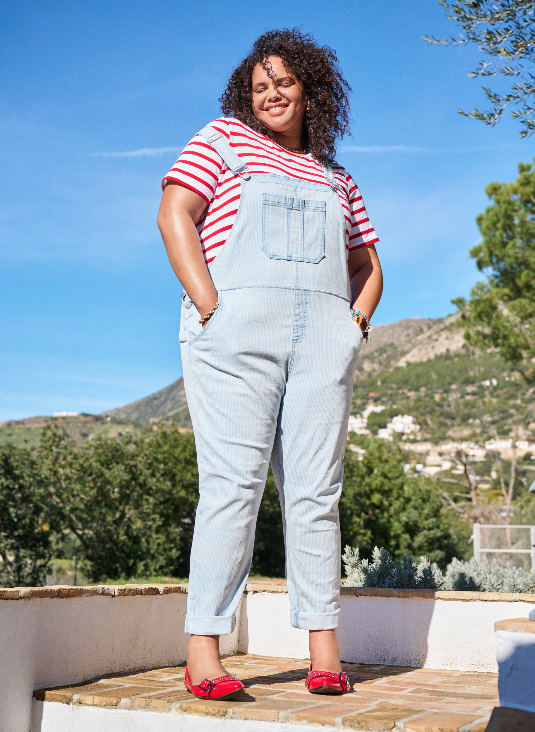 Gestreepte denim overall