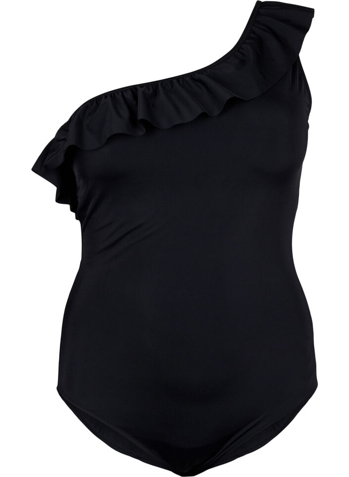 Een schouderbadpak met ruffle, Black, Packshot