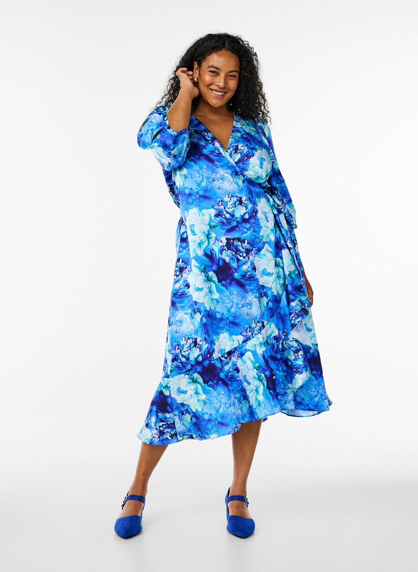 Omslagjurk met bloemenprint met 3/4 mouwen, Blue Splash Flower, Model