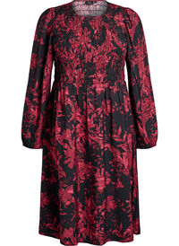 Bloemenjurk met een gesmockte top, Zwart Bloemenjurk met een gesmockte top