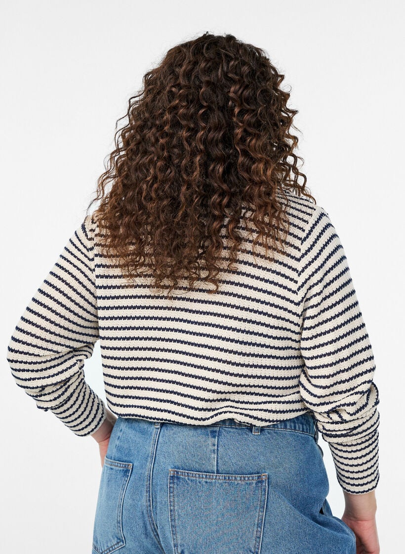 Gestreepte jersey blouse met een kraag en V-hals, Beige, Model image number 2