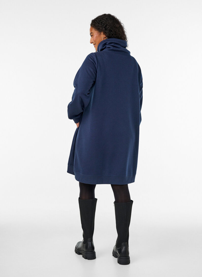 Kort sweatshirt jurk met hoge kraag en zakken, Blauw, Model image number 2