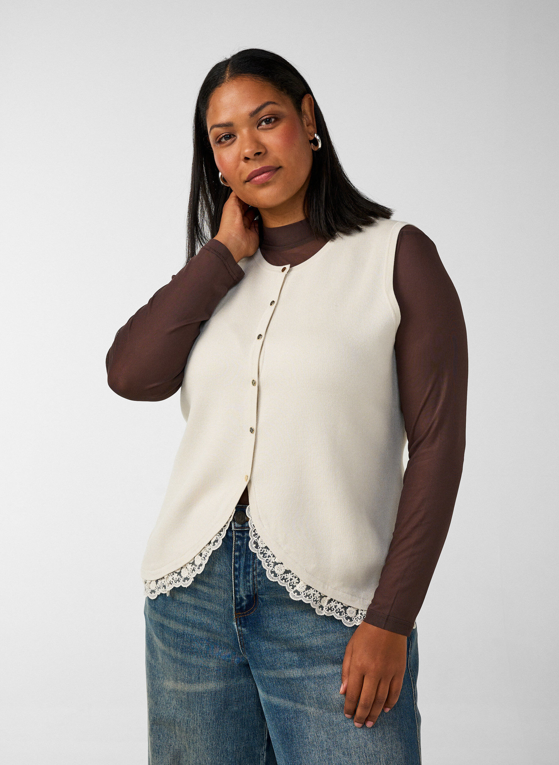 Gebreide spencer met kanten rand, Vanille, Model