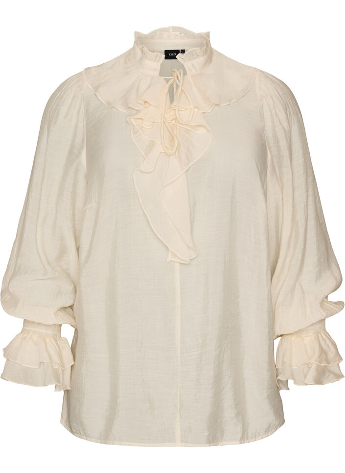 Viscose blouse met ruches en lange mouwen, Vanille, Packshot image number 0