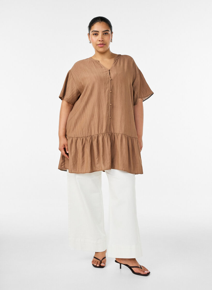 Losse tuniek met gekreukte structuur en rucherand, Bruin, Model image number 1