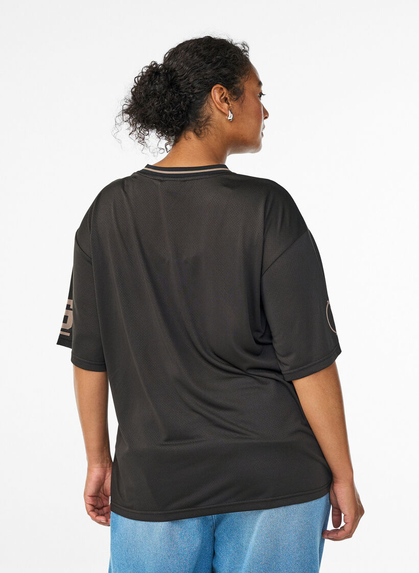 Sportief T-shirt met V-hals en raceprint, Zwart, Model image number 2