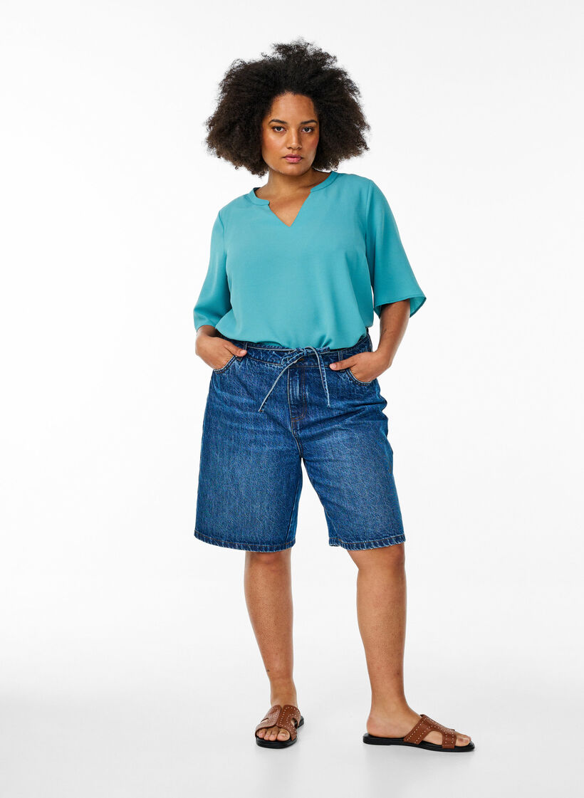 Blouse met korte mouwen en V-hals, Groen, Model image number 1