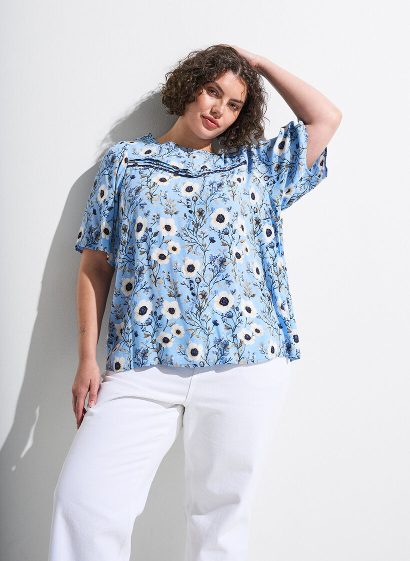 Bloemenblouse met korte mouwen, Blauw, Image image number 0