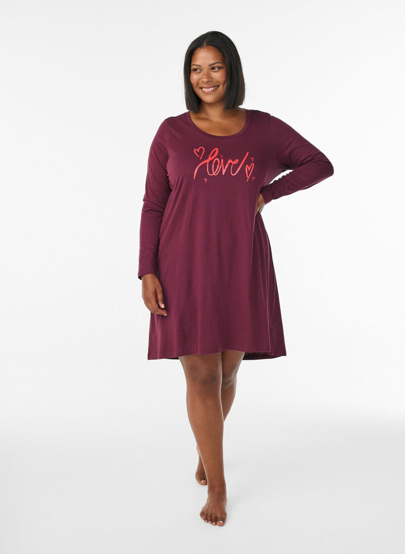 Nachthemd met lange mouwen in biologisch katoen, Rood, Model image number 1