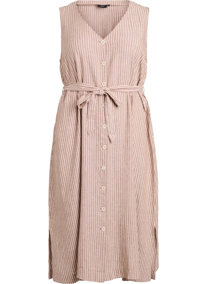 Mouwloze gestreepte midi jurk in linnen en viscose, Beige, Packshot image number 0