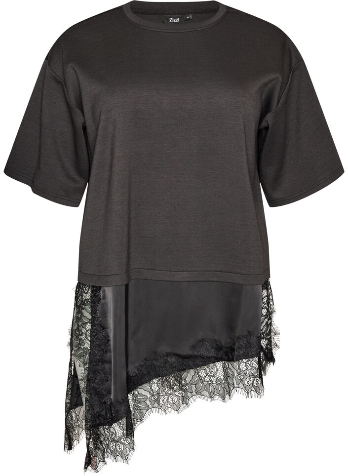 Jersey blouse met gelaagde look en kant, Zwart, Packshot image number 0
