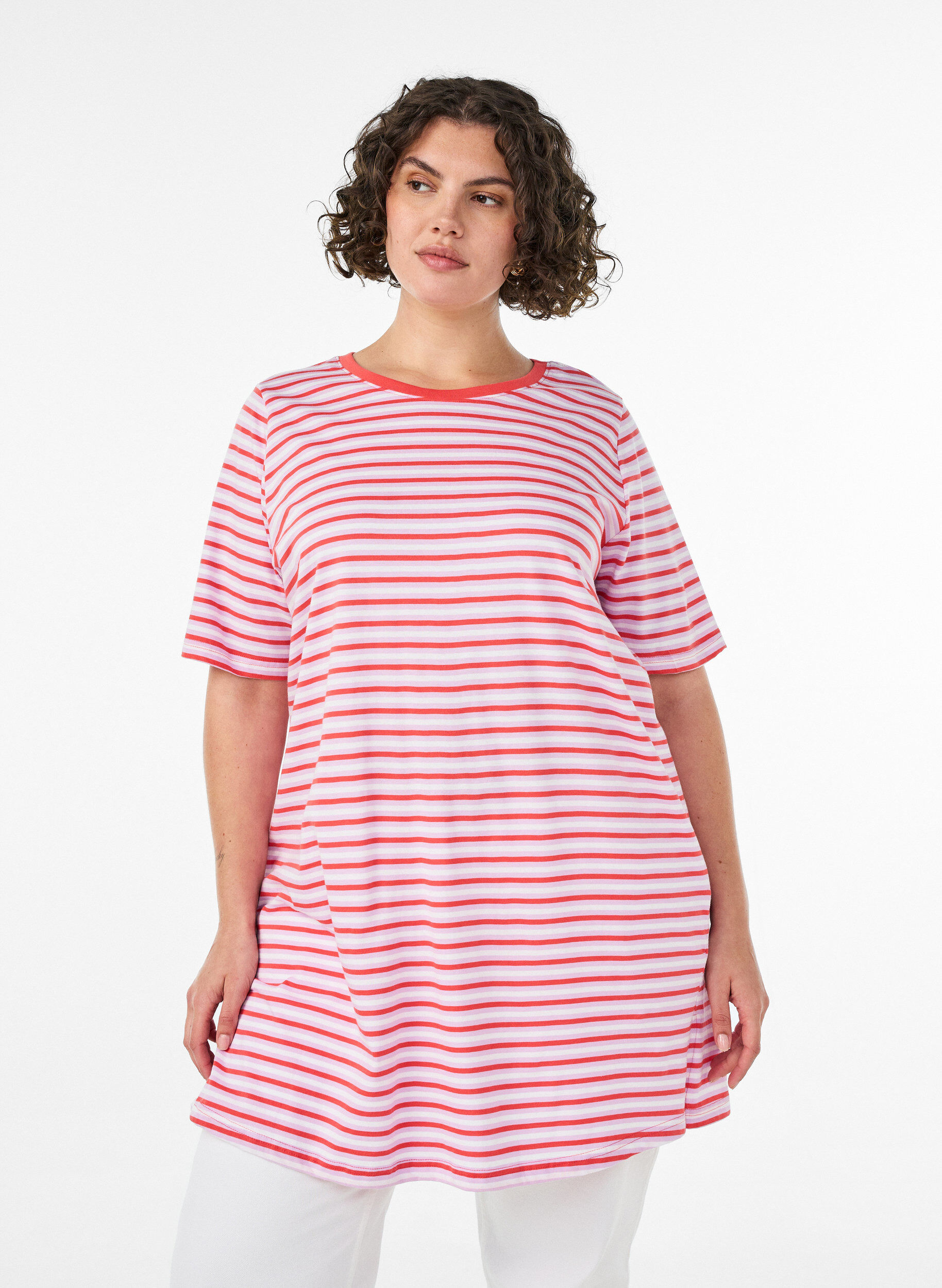 Lang oversized gestreept T-shirt in biologische katoen, Paars, Model
