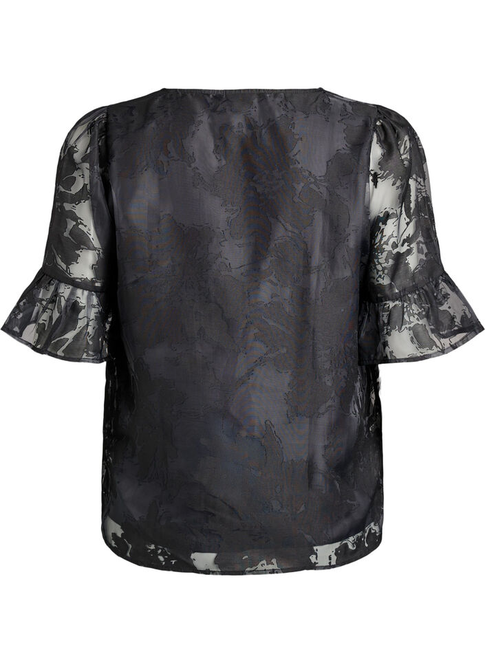 Feestelijke blouse in organza-look met ton-sur-ton patroon, Zwart, Packshot image number 1