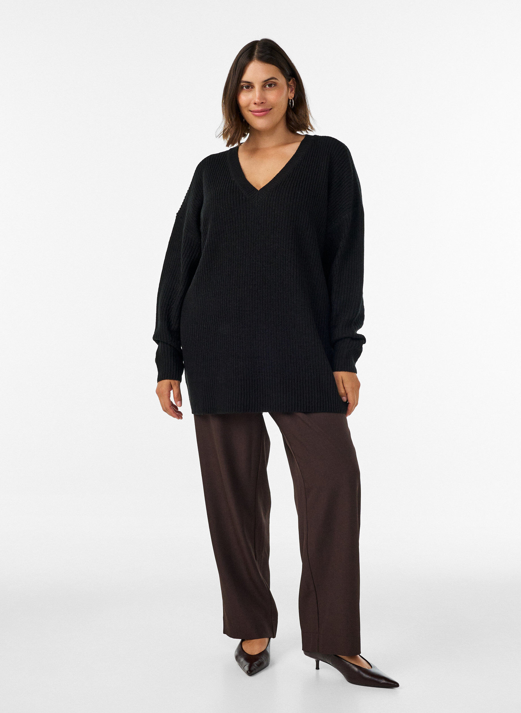 ZizziLange ribgebreide blouse met V-hals, Zwart, Model image number 1