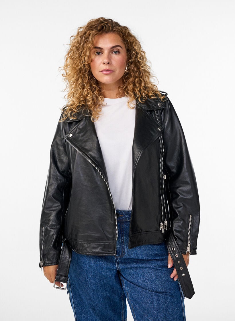 Leren bikerjack met riem, Black, Model