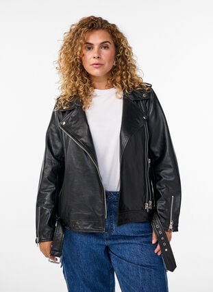 ZizziLeren bikerjack met riem, Black, Model image number 0