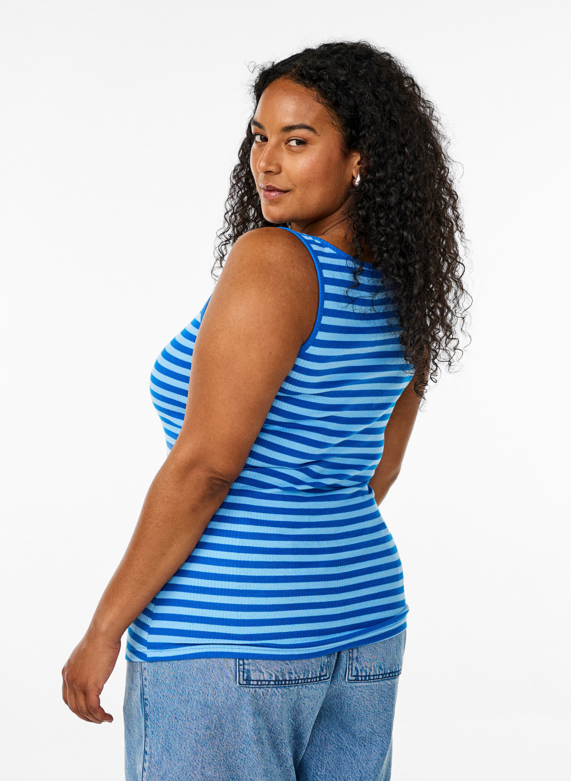 ZizziGestreepte tanktop met een ribstructuur, Blauw, Model image number 2
