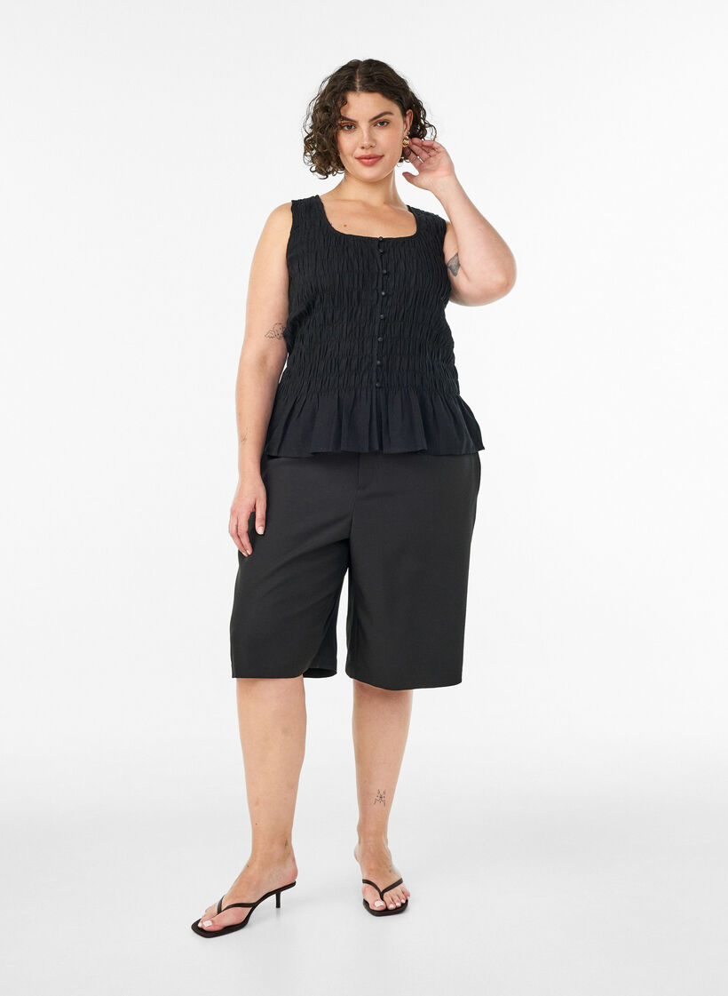 Mouwloze top van katoen en linnen met smock, Zwart, Model image number 1