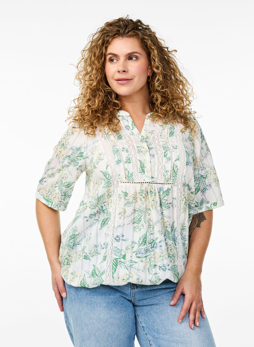 Blouse met print en 1/2 mouwen, Wit, Model image number 0