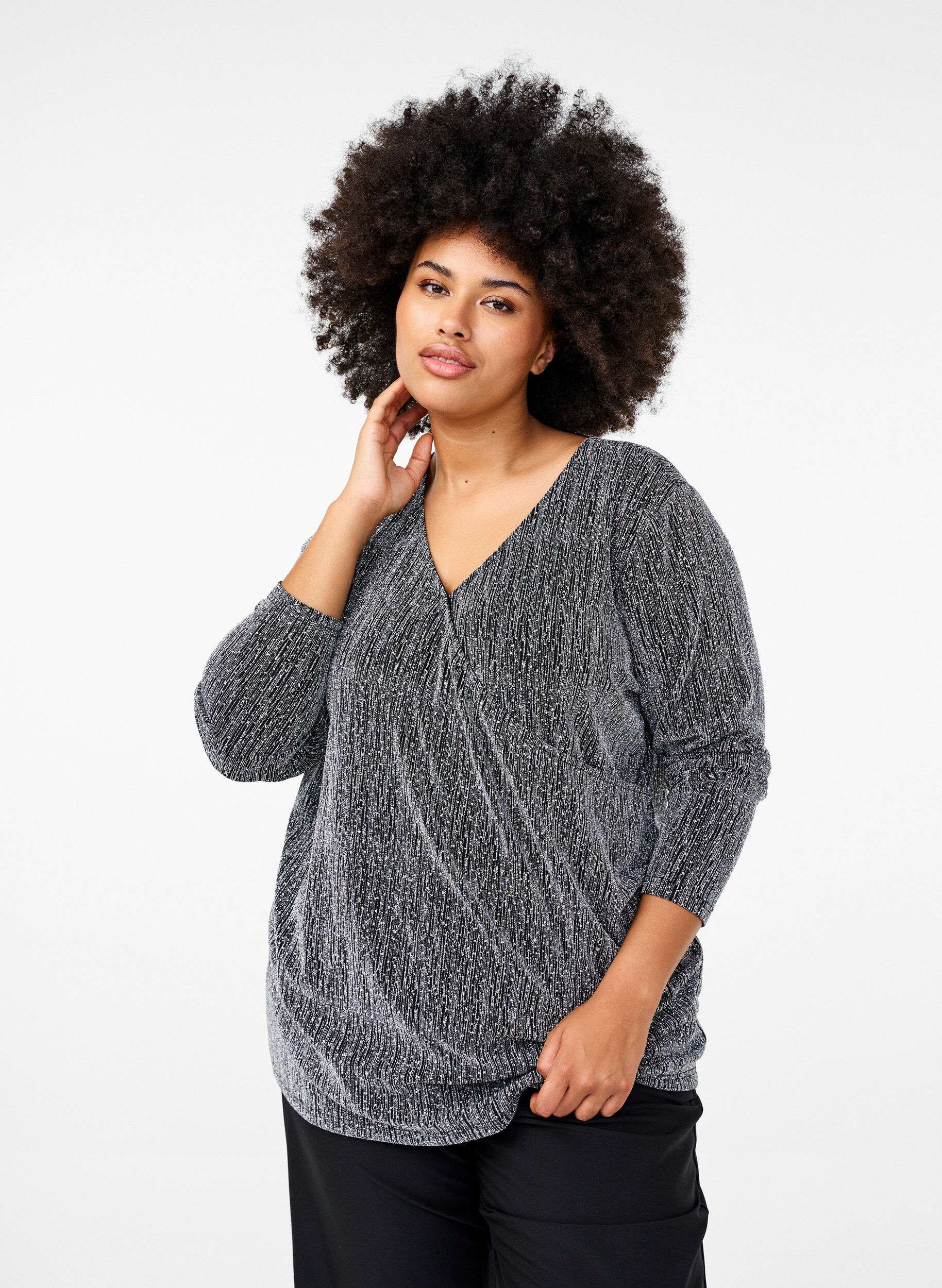 Wikkel-look glitter partytop, Zwart, Model