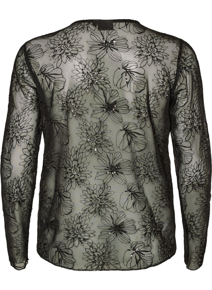 Mesh blouse met bloemen en pailletten, Zwart, Packshot image number 1