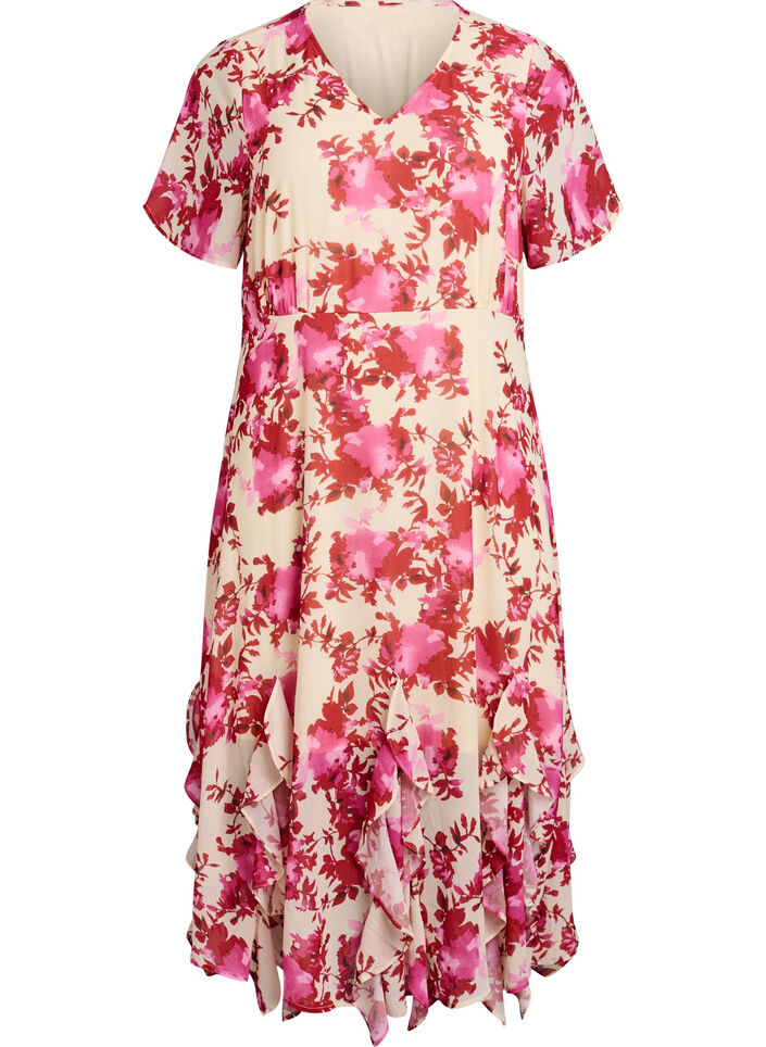 Bloemenprint chiffon jurk met ruches en een V-hals, Roze, Packshot image number 0