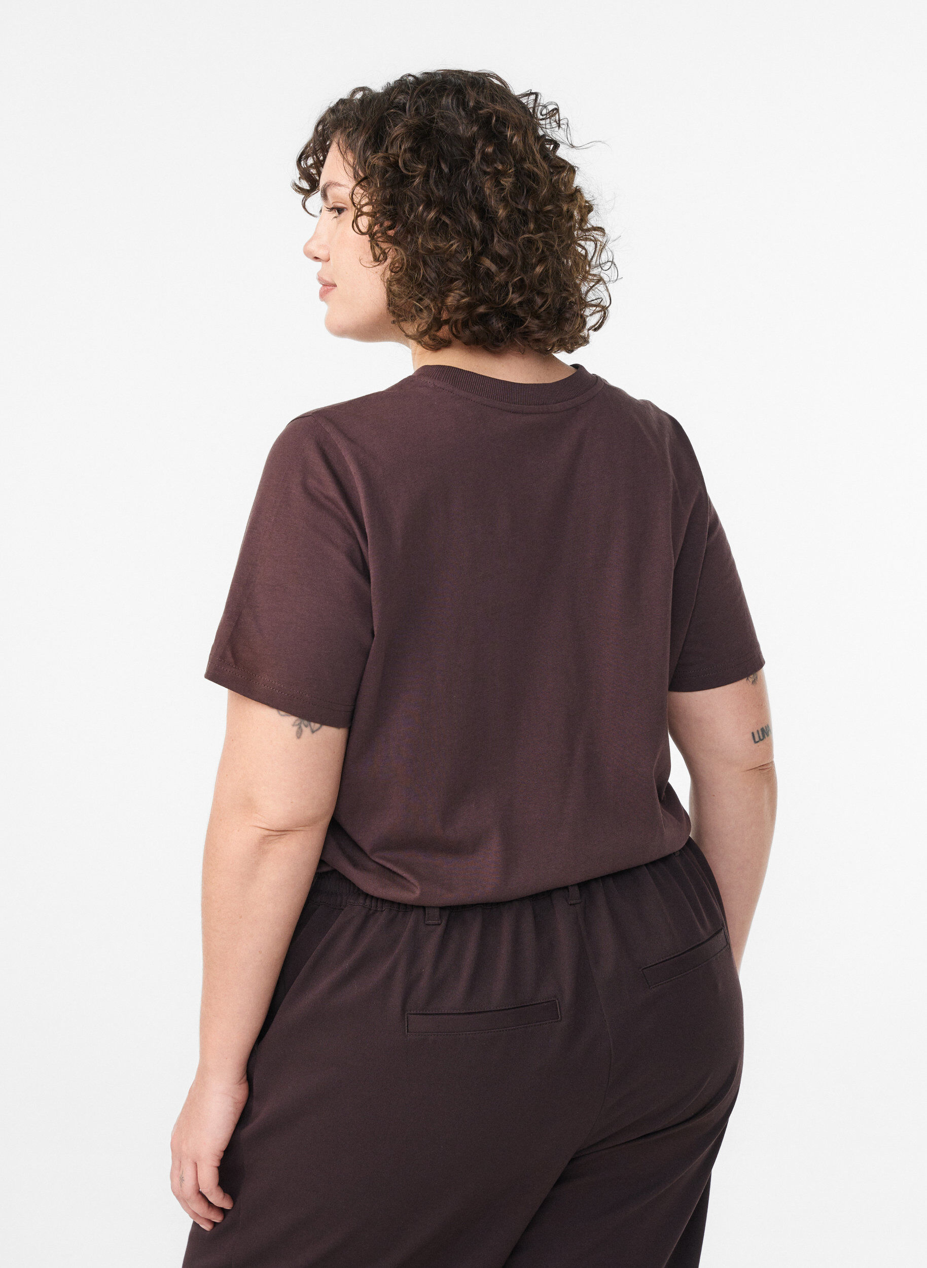 ZizziBasic katoenen T-shirt met ronde hals, Bruin, Model image number 2