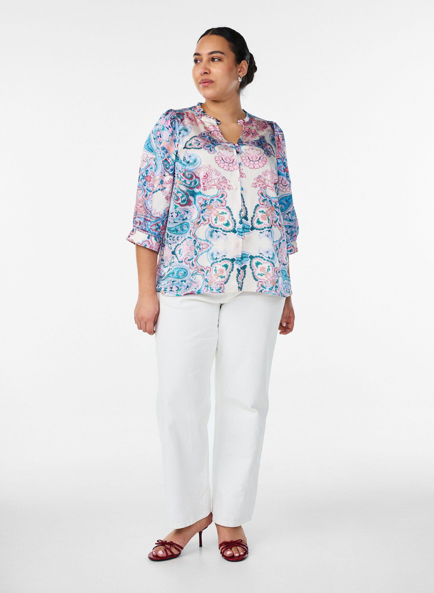 ZizziBlouse met satijn-look en paisleyprint met 3/4 mouwen, Blauw, Model image number 1