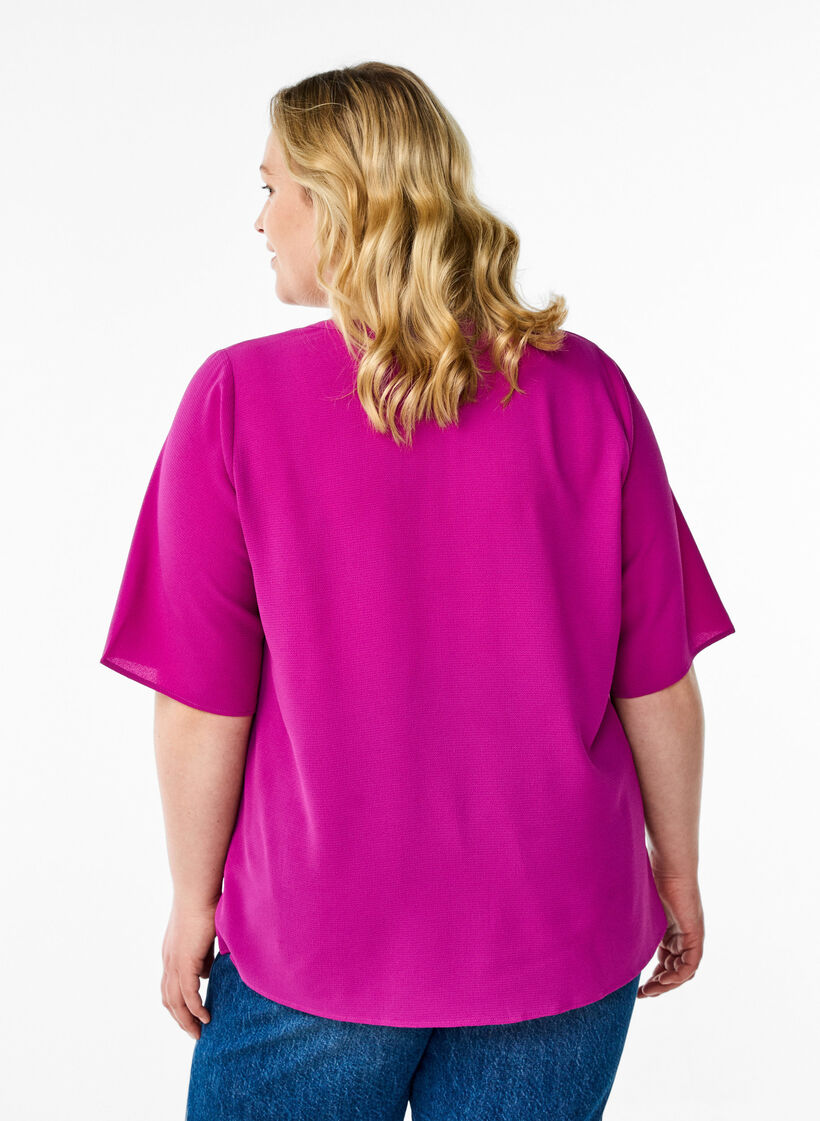 Blouse met korte mouwen en V-hals, Paars, Model image number 2