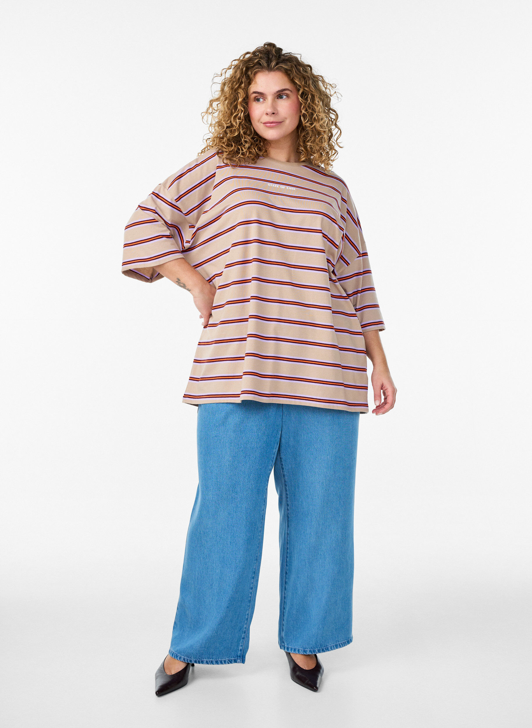 ZizziOversized T-shirt met strepen en 1/2 mouwen, Beige, Model image number 1