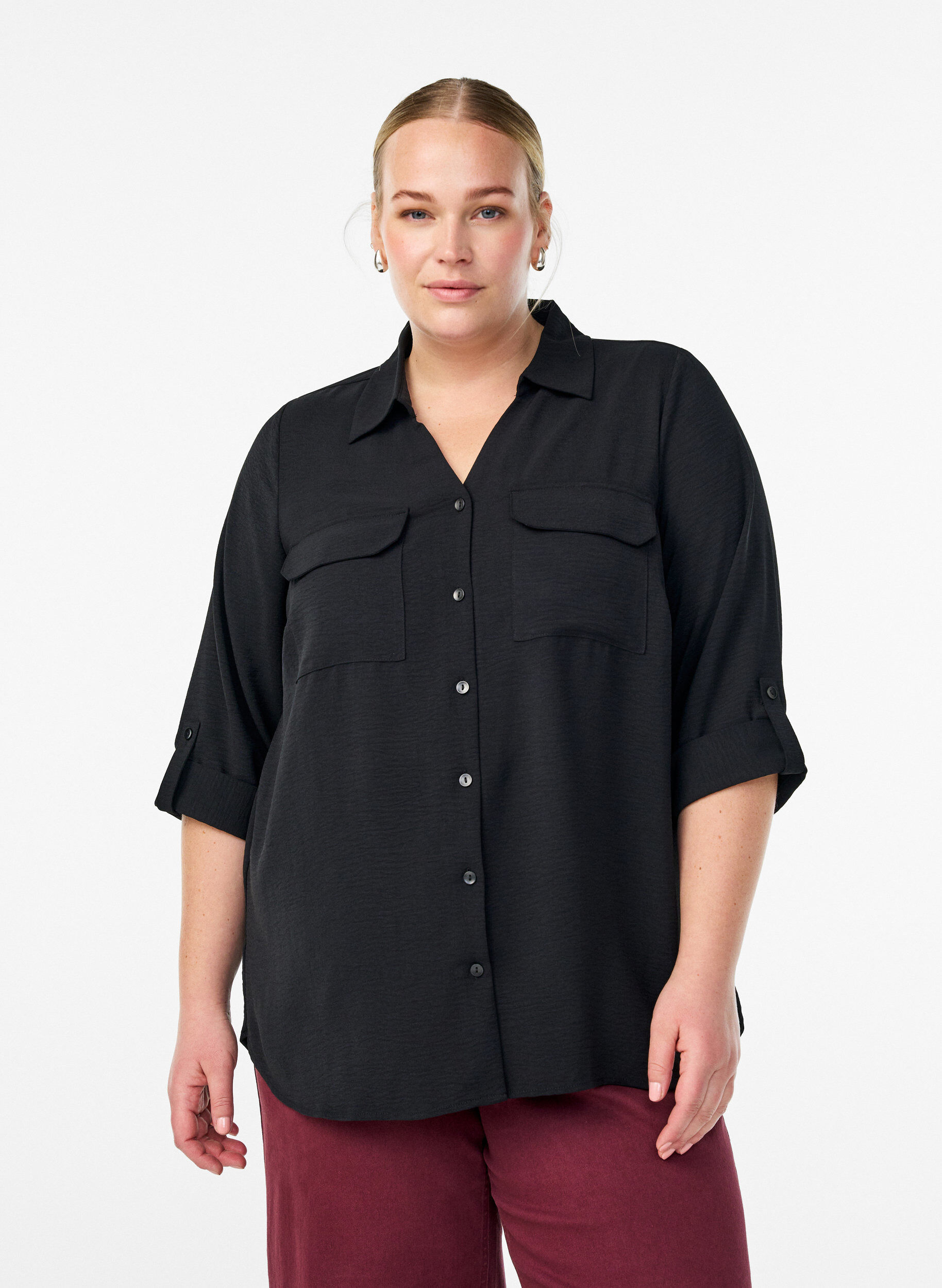 FLASH - Shirt met 3/4 mouwen en borstzakken, Zwart, Model