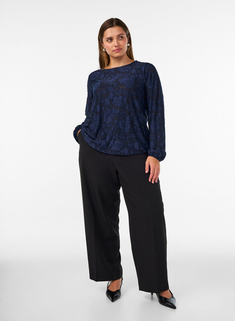 Doorschijnende blouse met bloemenstructuur en lange mouwen, Blauw, Model image number 1