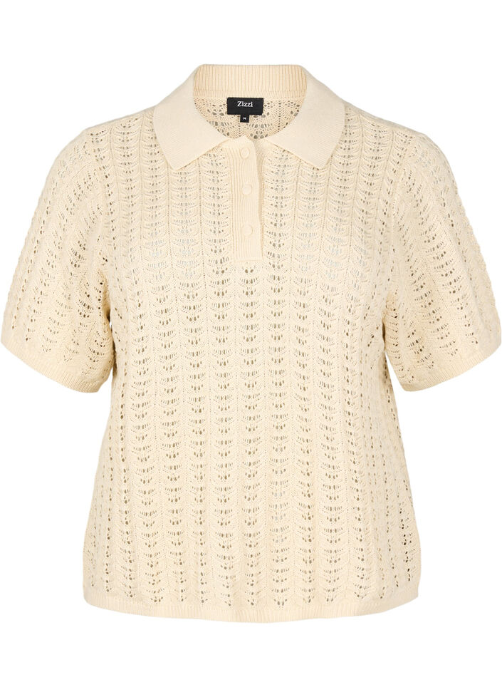 Gebreid poloshirt met oogjespatroon, Beige, Packshot image number 0