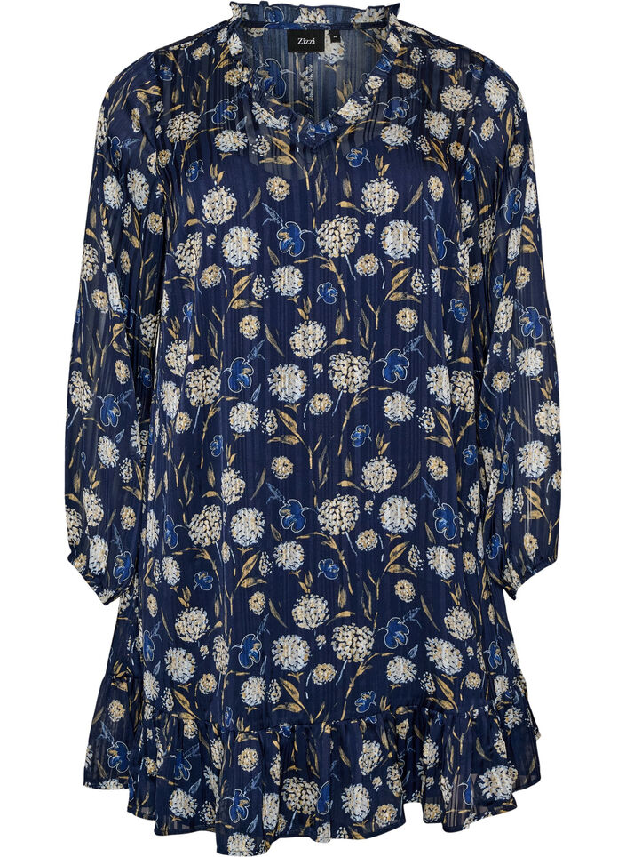Jurk met patroon, ruches en lange mouwen, Blauw, Packshot image number 0