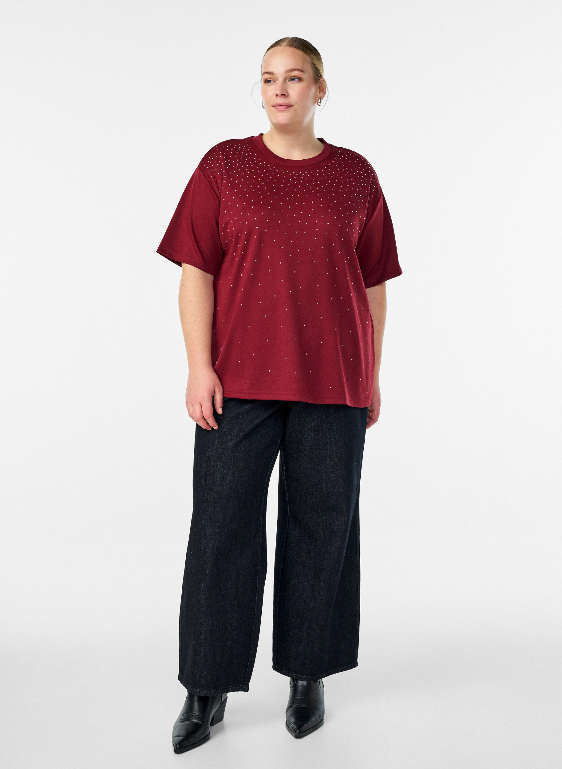ZizziT-shirt met ronde hals en rhinestones, Donker Bordeaux, Model image number 1