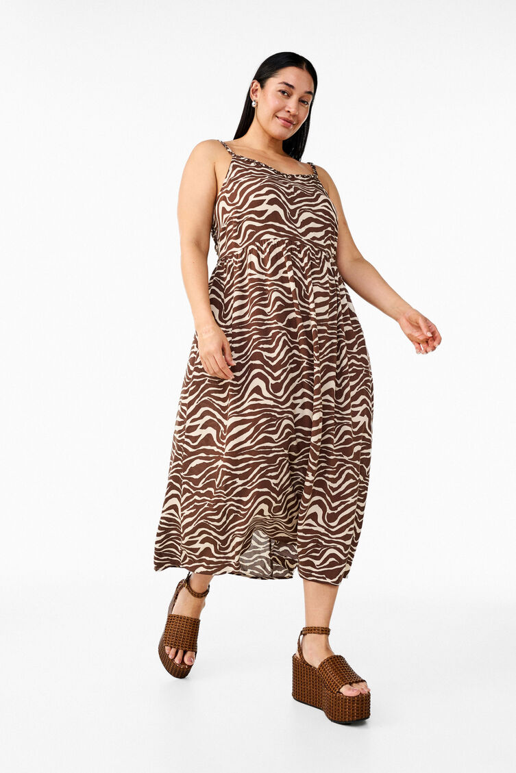 Midi-jurk met bandjes en gesmokte rug, Bruin, Image image number 0