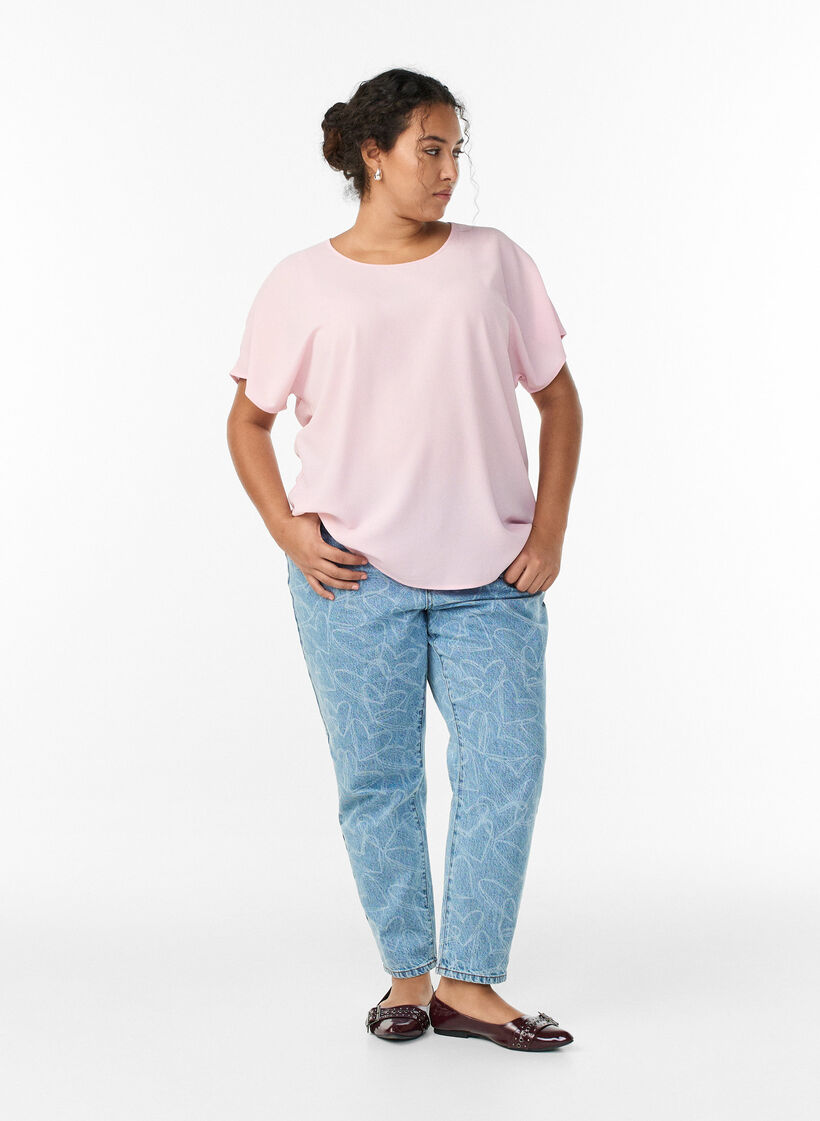 Blouse met korte mouwen en een ronde halslijn, Roze, Model image number 1