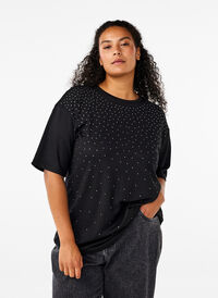T-shirt met strass-steentjes en ronde hals, Zwart T-shirt met strass-steentjes en ronde hals, Zwart, Model