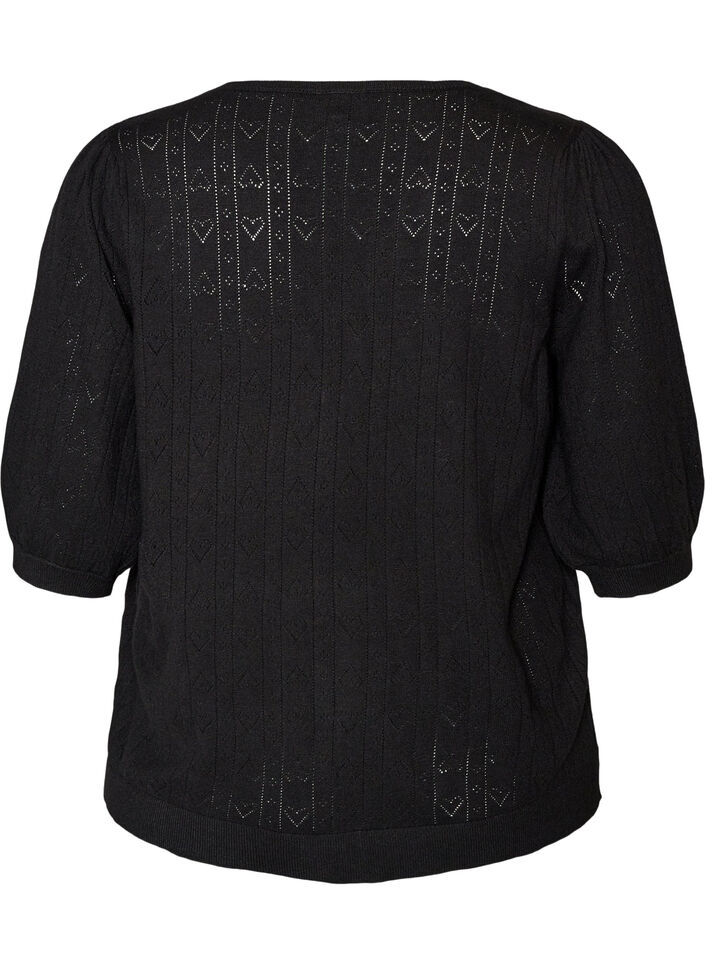 Blouse en maille pointelle &agrave; manches courtes, Noir, Packshot image number 1